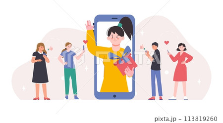 Social media female celebrity with gift for subscribers. Present for like or subscribe, internet marketing and promotion, vector cartoon concept 113819260