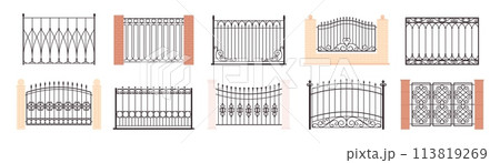 Decorative vintage fences. Ornamental metal gates and railings for balcony or terrace. Outdoor home and yard decor, racy vector collection 113819269