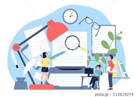 Creative content makers at work. Freelancers, authors and bloggers. Young copywriters creation news or new book. Education recent vector concept 113819274