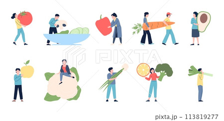 Vegetarian characters. People hold fresh vegetables and fruits. Farm market visitors, agriculture products. Vegan life, vitamin nutrition recent vector set Vegetarian characters. People hold fresh vegetables and fruits. Farm market visitors, agriculture products. Vegan life, vitamin nutrition recent vector set 113819277