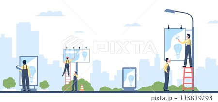 Outdoor city advertising. Street billboards, workers change and installing ad placards. Town marketing, flat urban service recent vector scene 113819293