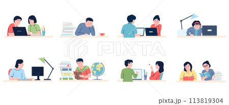 Students study, reading and sleeping. Tired student, examination or lessons preparation. Young adults learning, self education process, recent vector set 113819304