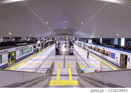 大阪府、関西空港駅のプラットホームと停車中の関空特急はるか 113819403