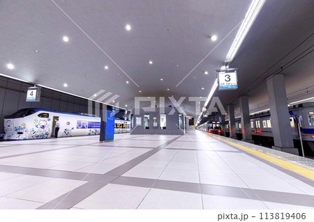 大阪府、関西空港駅のプラットホームと停車中の関空特急はるか 113819406