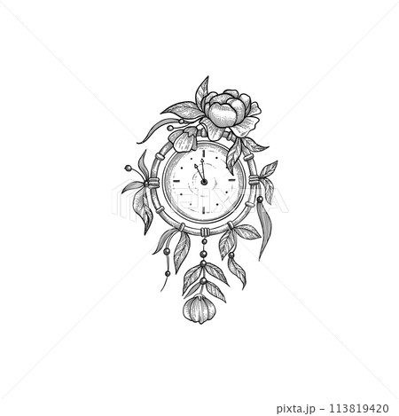 Vintage clock face. Retro clock watchface with roman numerals, ornate watch and antic watch design. Antique elegant hour time clock. Isolated vector illustration 113819420