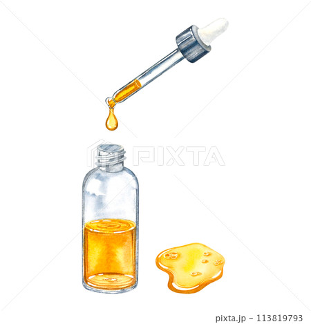A glass transparent vial with a golden liquid and a pipette above it, a drop of oil spreads across the surface. Hand drawn watercolor illustration of a bottle of facial serum isolated on background. 113819793