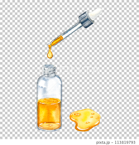 A glass transparent vial with a golden liquid and a pipette above it, a drop of oil spreads across the surface. Hand drawn watercolor illustration of a bottle of facial serum isolated on background. 113819793