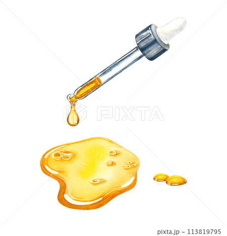 Pipette for a dropper bottle. Hand drawn watercolor illustration of a drop of moisturizing serum isolated on a white background. Can be used for design, advertising, promotion of cosmetics, medicine. Pipette for a dropper bottle. Hand drawn watercolor illustration of a drop of moisturizing serum isolated on a white background. Can be used for design, advertising, promotion of cosmetics, medicine. 113819795