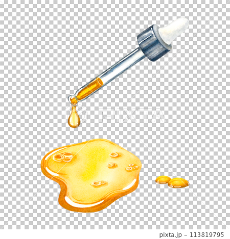 Pipette for a dropper bottle. Hand drawn watercolor illustration of a drop of moisturizing serum isolated on a white background. Can be used for design, advertising, promotion of cosmetics, medicine. Pipette for a dropper bottle. Hand drawn watercolor illustration of a drop of moisturizing serum isolated on a white background. Can be used for design, advertising, promotion of cosmetics, medicine. 113819795