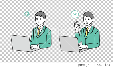 Illustration of a sales business person working on a computer 113820183