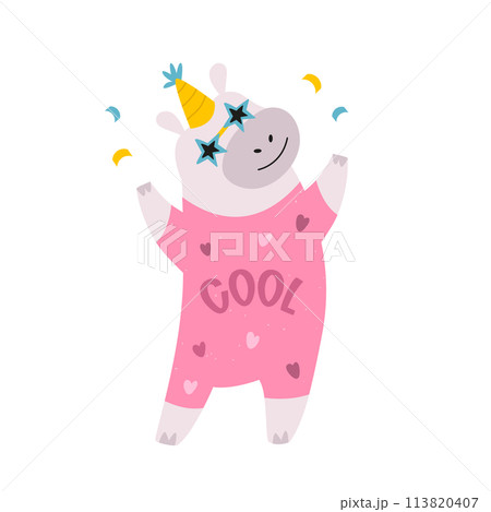 Vector illustration of a happy hippo dancing in disco glasses and cool costume 113820407