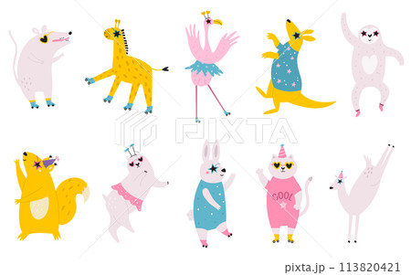 Vector illustration of dancing animals in disco glasses, birthday hats and cool costumes 113820421