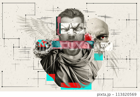 Surreal collage featuring man, skull, bird's wing, nest. Conceptual art. Men's mental health, struggles and societal expectations. Surreal collage featuring man, skull, bird's wing, nest. Conceptual art. Men's mental health, struggles and societal expectations. 113820569