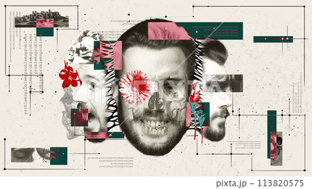 Collage with multiple male profiles, skull, flowers, and abstract elements on abstract background. Conceptual art. Healing journey from trauma to rebirth. Collage with multiple male profiles, skull, flowers, and abstract elements on abstract background. Conceptual art. Healing journey from trauma to rebirth. 113820575