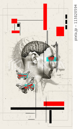 Profile of man with brain visible, geometric shapes, and colorful butterflies on textured background. Conceptual art. 113820594
