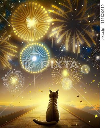 ファンタスティックな花火がキラキラ輝く星空を眺める猫のイラスト素材