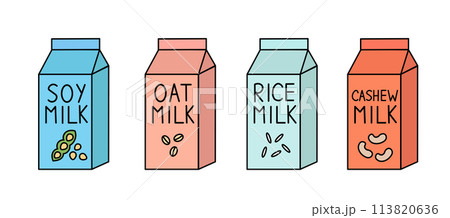 Vegan milk set. Soy, rice, cashew, oat. Box Carton packaging. Collection of vector flat illustration. 113820636