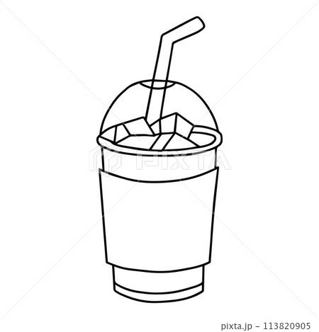 translucent cup filled with ice cubes and a straw doodle outline drawing. simple Black line. translucent cup filled with ice cubes and a straw doodle outline drawing. simple Black line. 113820905
