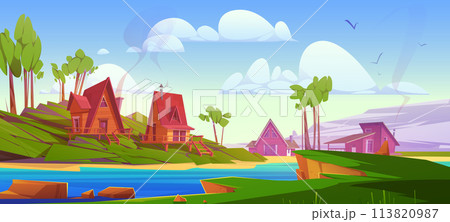Village or hotel wooden cabins on river shore Village or hotel wooden cabins on river shore 113820987