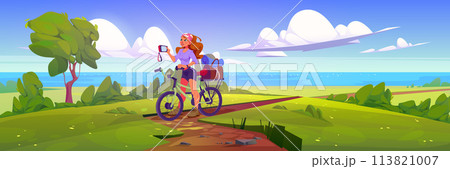 Woman tourist on bicycle on shore of sea 113821007