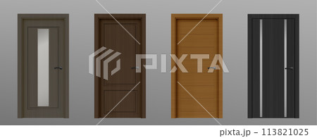 3d realistic wood front door inside modern house 113821025