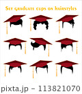 Set of black hair silhouettes with red graduation caps. Vector modern haircuts with education student caps for men or women, isolated on white 113821070