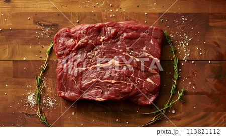 木のテーブルに置かれたステーキ用の牛肉 113821112