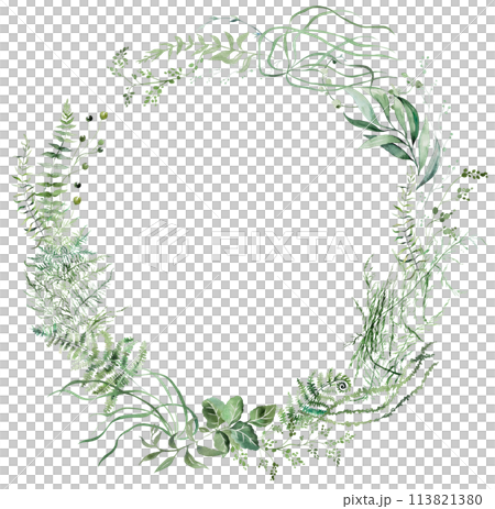 Round frame with Watercolor fern twigs with green leaves isolated illustration, botanical wedding 113821380