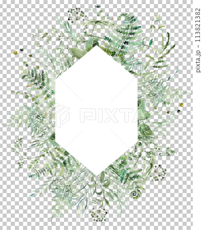 Geometric frame with Watercolor fern twigs with green leaves isolated illustration, wedding Geometric frame with Watercolor fern twigs with green leaves isolated illustration, wedding 113821382