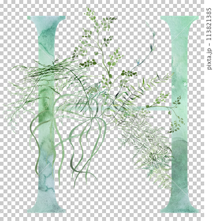 Green letter H with Watercolor whimsical tender leaves isolated illustration, wedding element 113821385