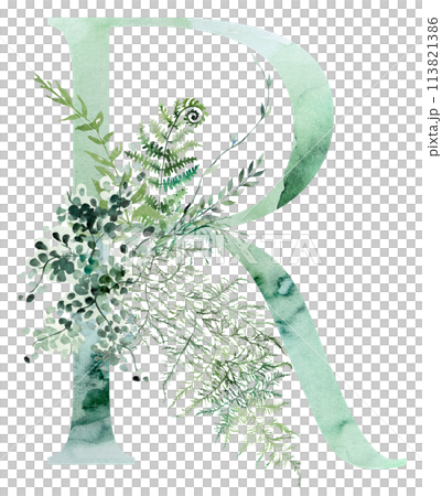 Green letter R with Watercolor whimsical tender leaves isolated illustration, wedding element 113821386