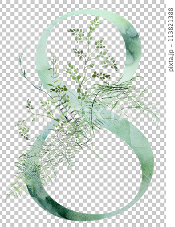 Green number 8 with Watercolor whimsical tender leaves isolated illustration, wedding element 113821388
