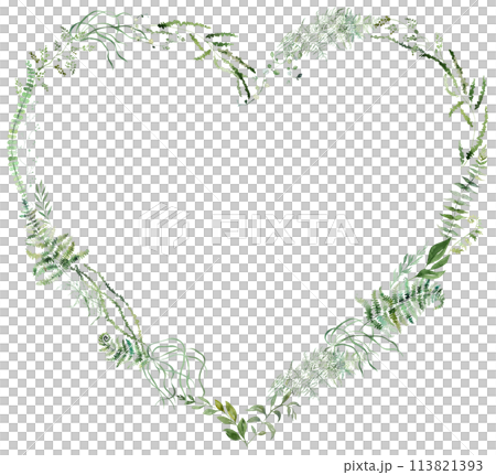 Heart frame with Watercolor fragile stems and tiny green leaves isolated illustration, botanical wedding Heart frame with Watercolor fragile stems and tiny green leaves isolated illustration, botanical wedding 113821393