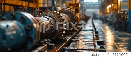 Heavy Machinery at Work Inside a Large Factory Illuminated by the Warm Glow of Afternoon Light, Showcasing Industrial Precision and Technology 113821665