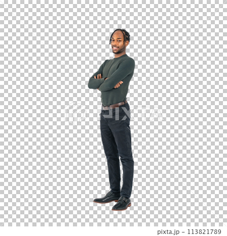 Black man standing with his arms folded. Full-body photo PNG with transparent background, precisely cut by hand. 113821789