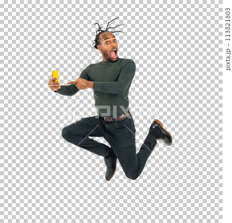 Black man jumping while looking at his smartphone. Full-body photo PNG with transparent background precisely cut out by hand. Black man jumping while looking at his smartphone. Full-body photo PNG with transparent background precisely cut out by hand. 113821803