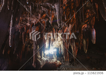 beatiful of Stalactite and Stalagmite in Tham Lay Khao Kob Cave in Trang, thailand. 113821936