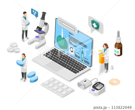 Online medical support. Isometric telemedicine concept, healthcare, pharmacy and research. Doctors and pharmacist with pills, flawless vector scene 113822049