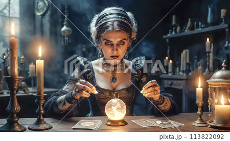 A beautiful mysterious fortune teller with piercing eyes predicts fate on a magic ball 113822092