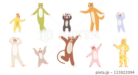 Funny pajama characters. Happy adults and children wearing animals pajamas. Halloween costumes, christmas home party, cartoon snugly vector set 113822094