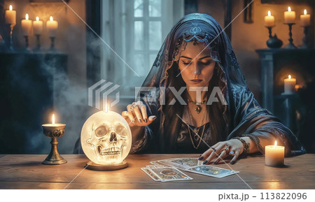 Tarot reader chooses Tarot cards. Fortune teller reads cards 113822096