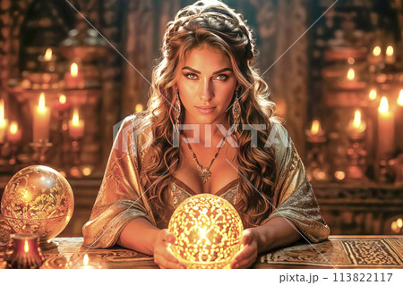 A beautiful mysterious fortune teller with piercing eyes predicts fate on a magic ball A beautiful mysterious fortune teller with piercing eyes predicts fate on a magic ball 113822117