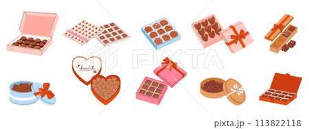 Chocolate candies boxes. Choco presents, candy in gift box with bow. Desserts, cocoa products. Sweet tasty products for gifts, snugly vector set Chocolate candies boxes. Choco presents, candy in gift box with bow. Desserts, cocoa products. Sweet tasty products for gifts, snugly vector set 113822118