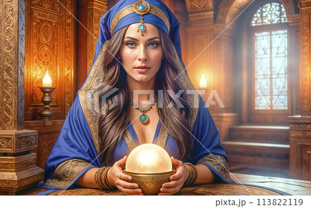 A beautiful mysterious fortune teller with piercing eyes predicts fate on a magic ball A beautiful mysterious fortune teller with piercing eyes predicts fate on a magic ball 113822119