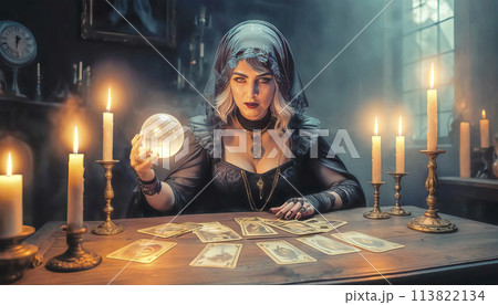 Tarot reader chooses Tarot cards. Fortune teller reads cards 113822134