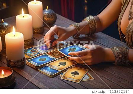 Tarot reader chooses Tarot cards. Fortune teller reads cards Tarot reader chooses Tarot cards. Fortune teller reads cards 113822154