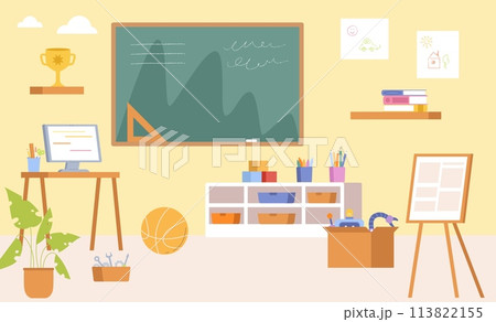 Kids workshop room. Kindergarten or school class for elementary. Zone with chalkboard, easel, toys and tools. Cartoon interior vector background Kids workshop room. Kindergarten or school class for elementary. Zone with chalkboard, easel, toys and tools. Cartoon interior vector background 113822155