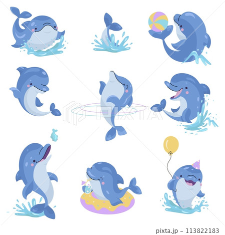 Cartoon dolphins. Funny dolphin play, jump and eat. Entertainment show animal artist in different poses. Cute underwater characters nowaday vector set Cartoon dolphins. Funny dolphin play, jump and eat. Entertainment show animal artist in different poses. Cute underwater characters nowaday vector set 113822183