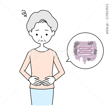 お腹の調子が悪いシニア女性のイラスト お腹の調子が悪いシニア女性のイラスト 113822621