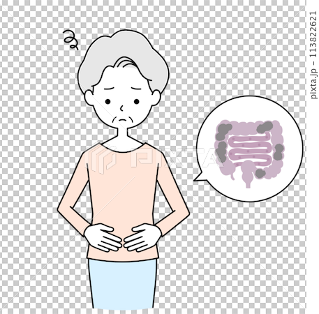 お腹の調子が悪いシニア女性のイラスト お腹の調子が悪いシニア女性のイラスト 113822621